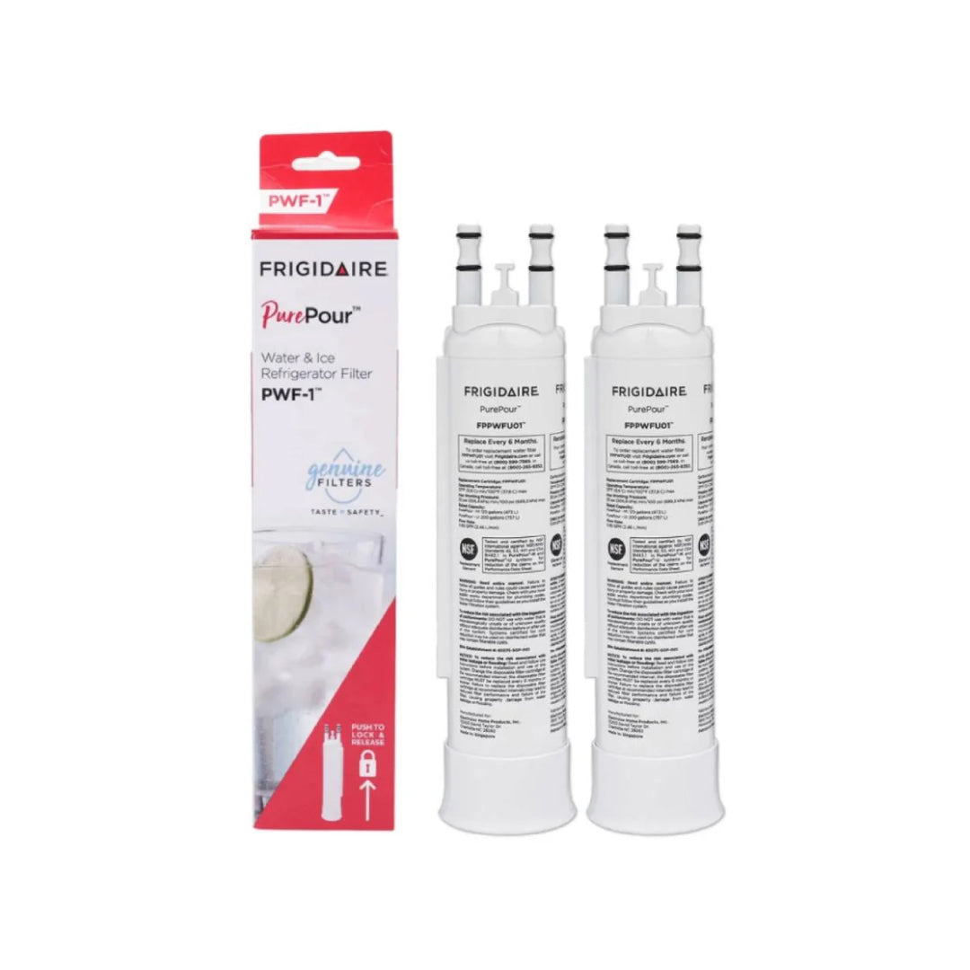 Two Frigidaire PurePour PWF-1 refrigerator water filters displayed next to product box with lime water design